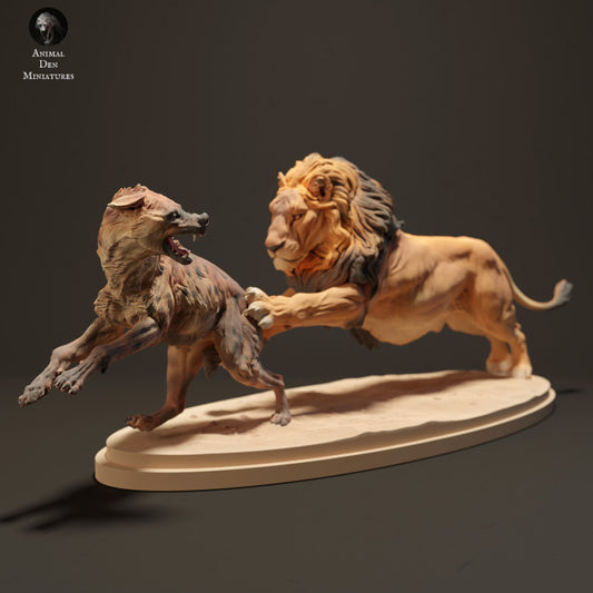 Lion Hunting a Spotted Hyena